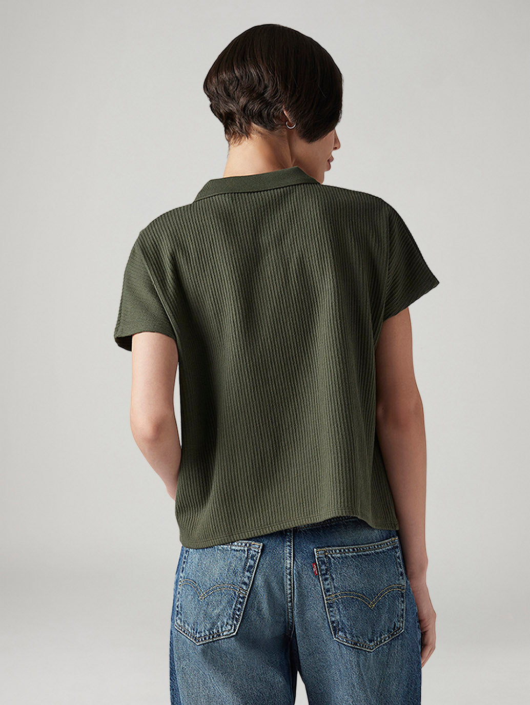 Women's Textured Olive Relaxed Fit Polo T-shirt - Back View