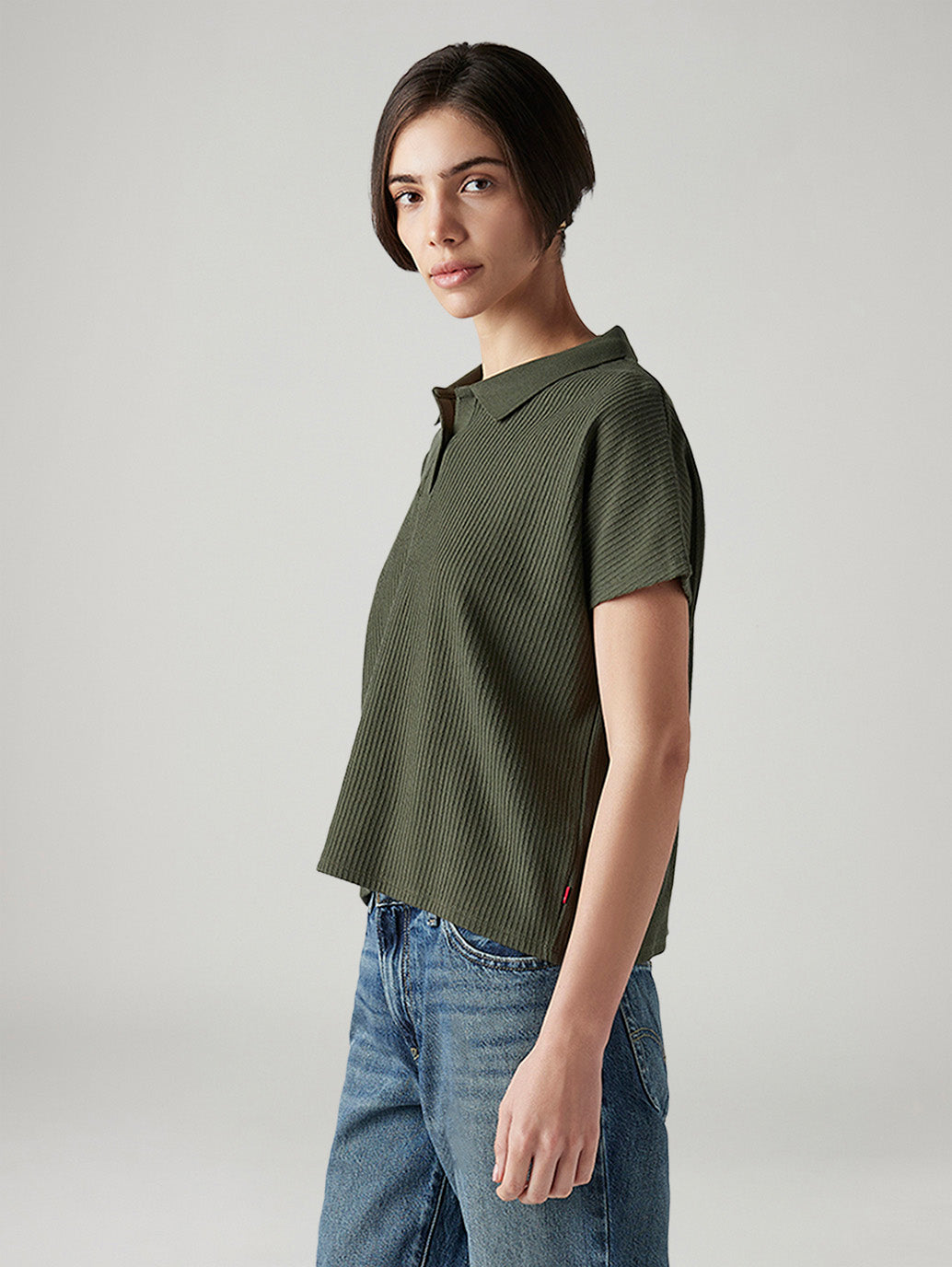 Women's Textured Olive Relaxed Fit Polo T-shirt - Side View