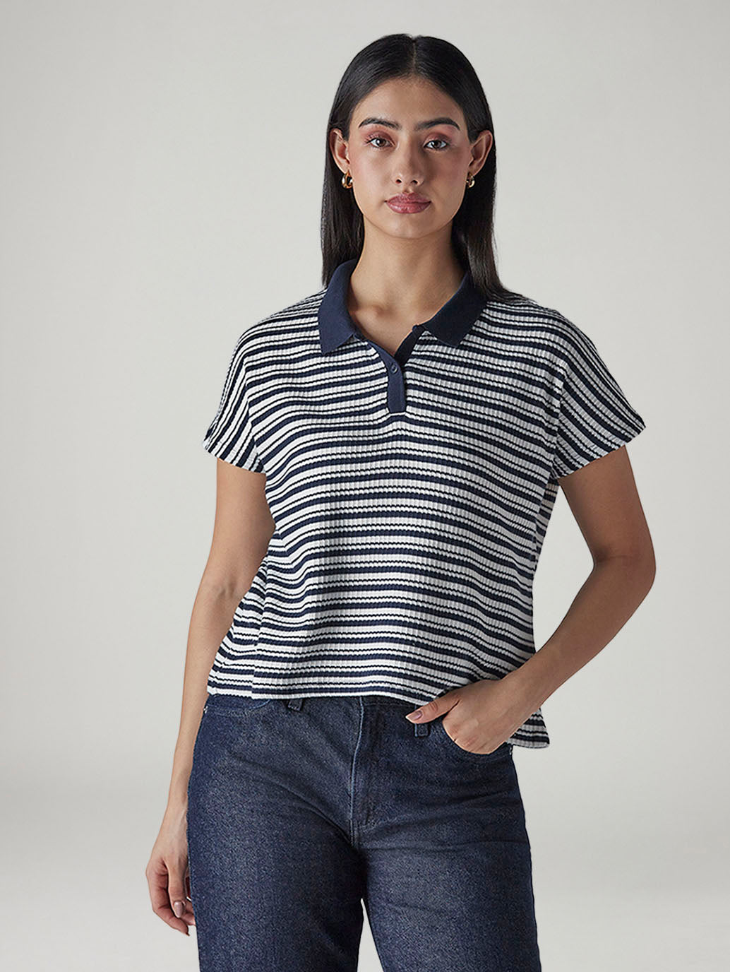 Women's Striped Navy Relaxed Fit T-shirt - 20 View