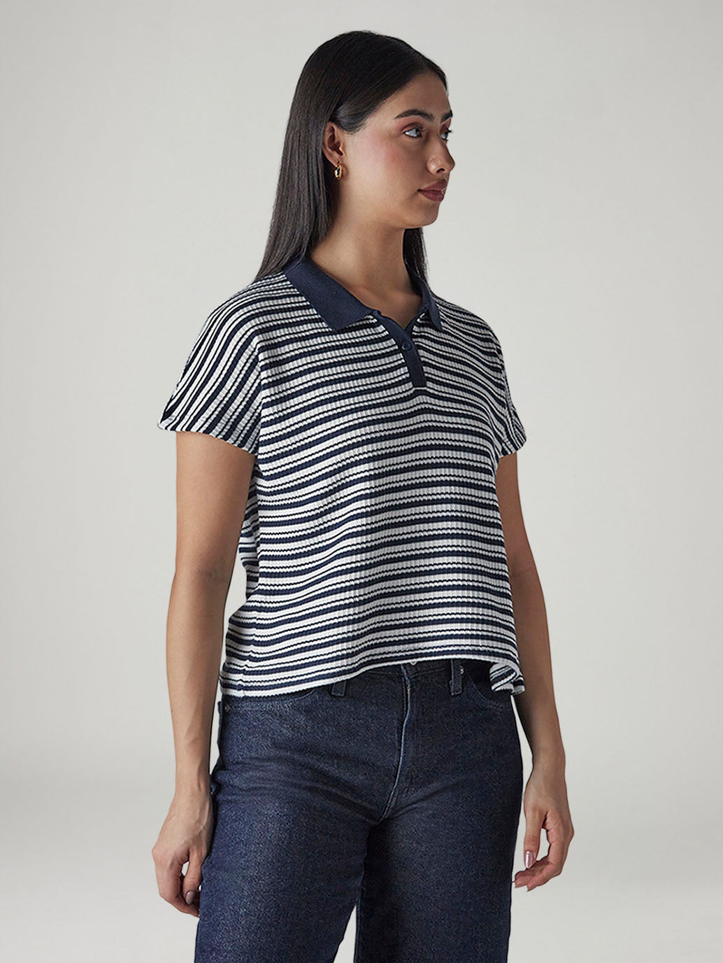 Women's Striped Navy Relaxed Fit T-shirt - 20 View