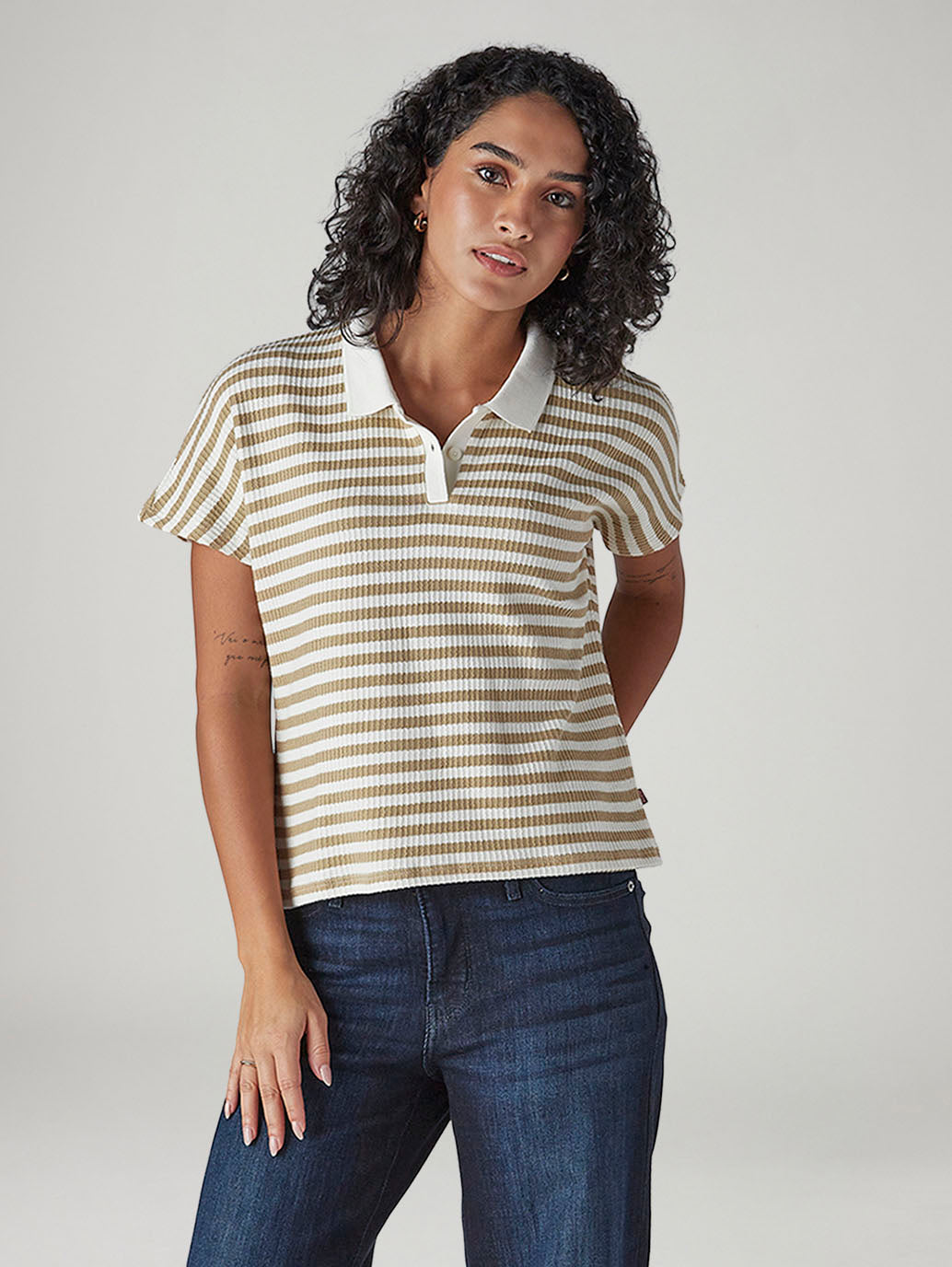 Women's Striped Beige Relaxed Fit Polo T-shirt