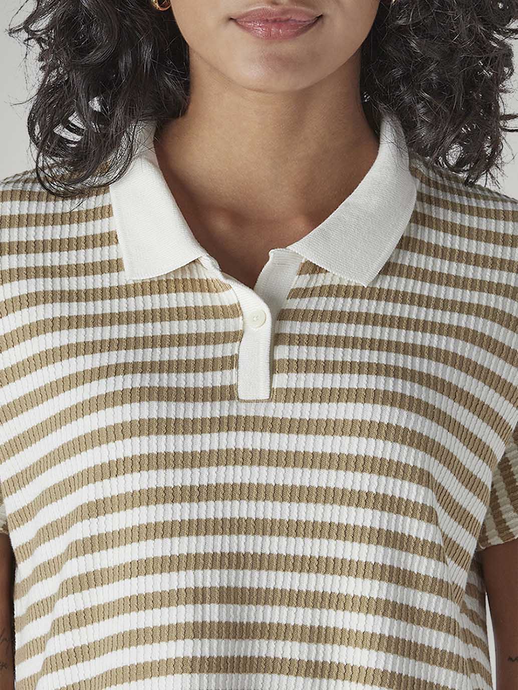 Women's Striped Beige Relaxed Fit Polo T-shirt - Detail View