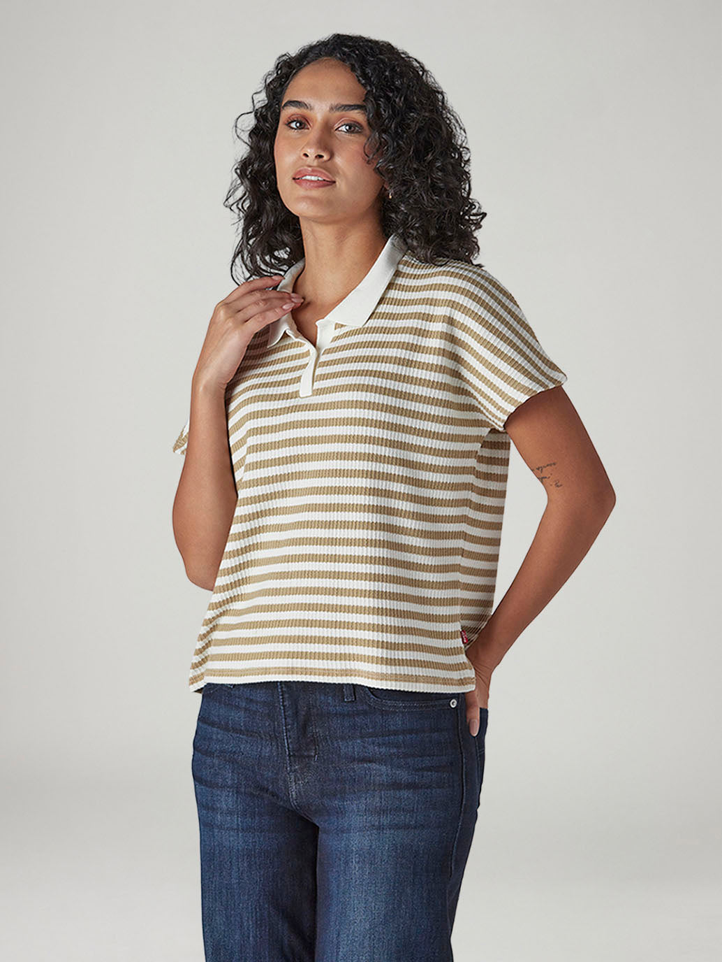 Women's Striped Beige Relaxed Fit Polo T-shirt - Side View