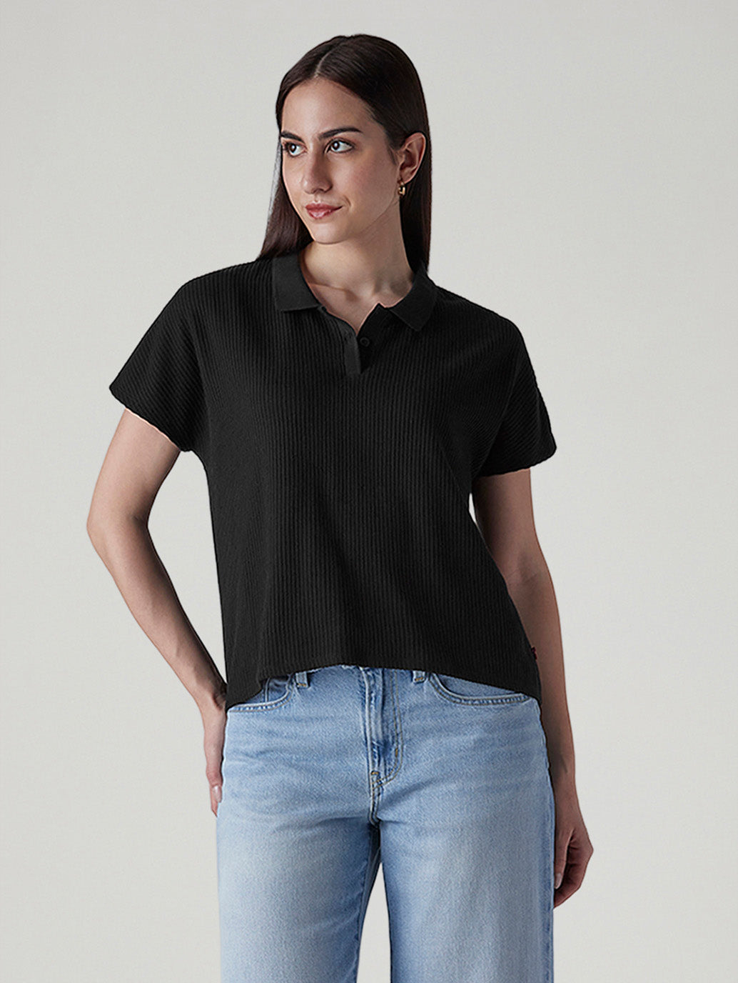 Women's Textured Black Relaxed Fit Polo T-shirt