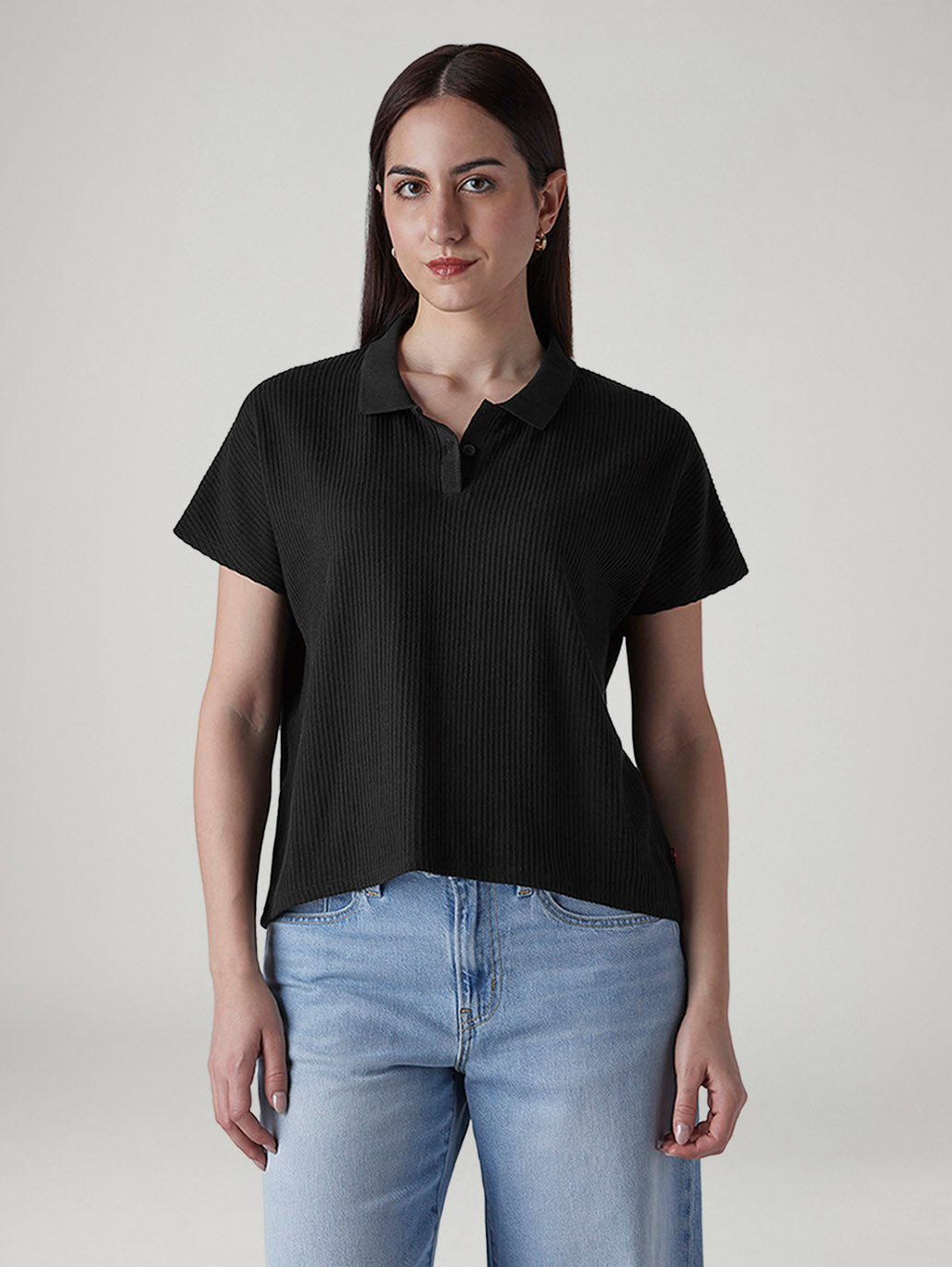 Women's Textured Black Relaxed Fit Polo T-shirt - Front View