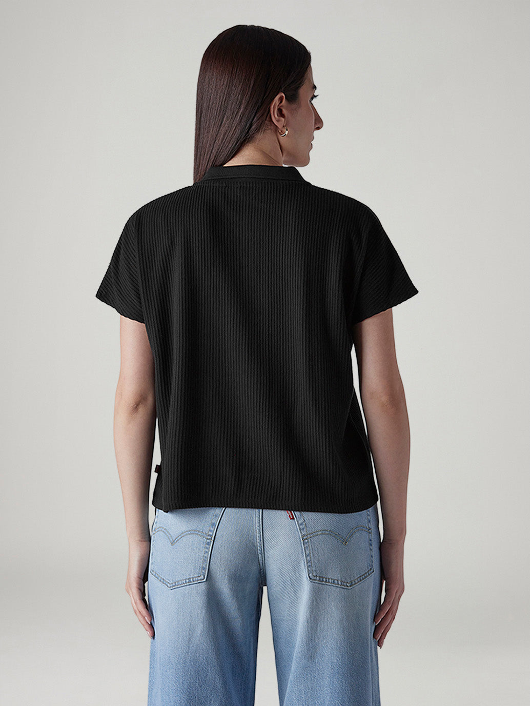Women's Textured Black Relaxed Fit Polo T-shirt - Back View