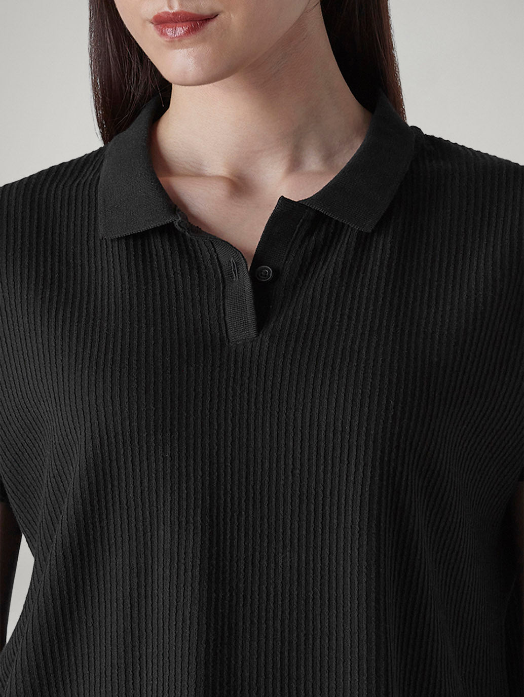 Women's Textured Black Relaxed Fit Polo T-shirt - Detail View