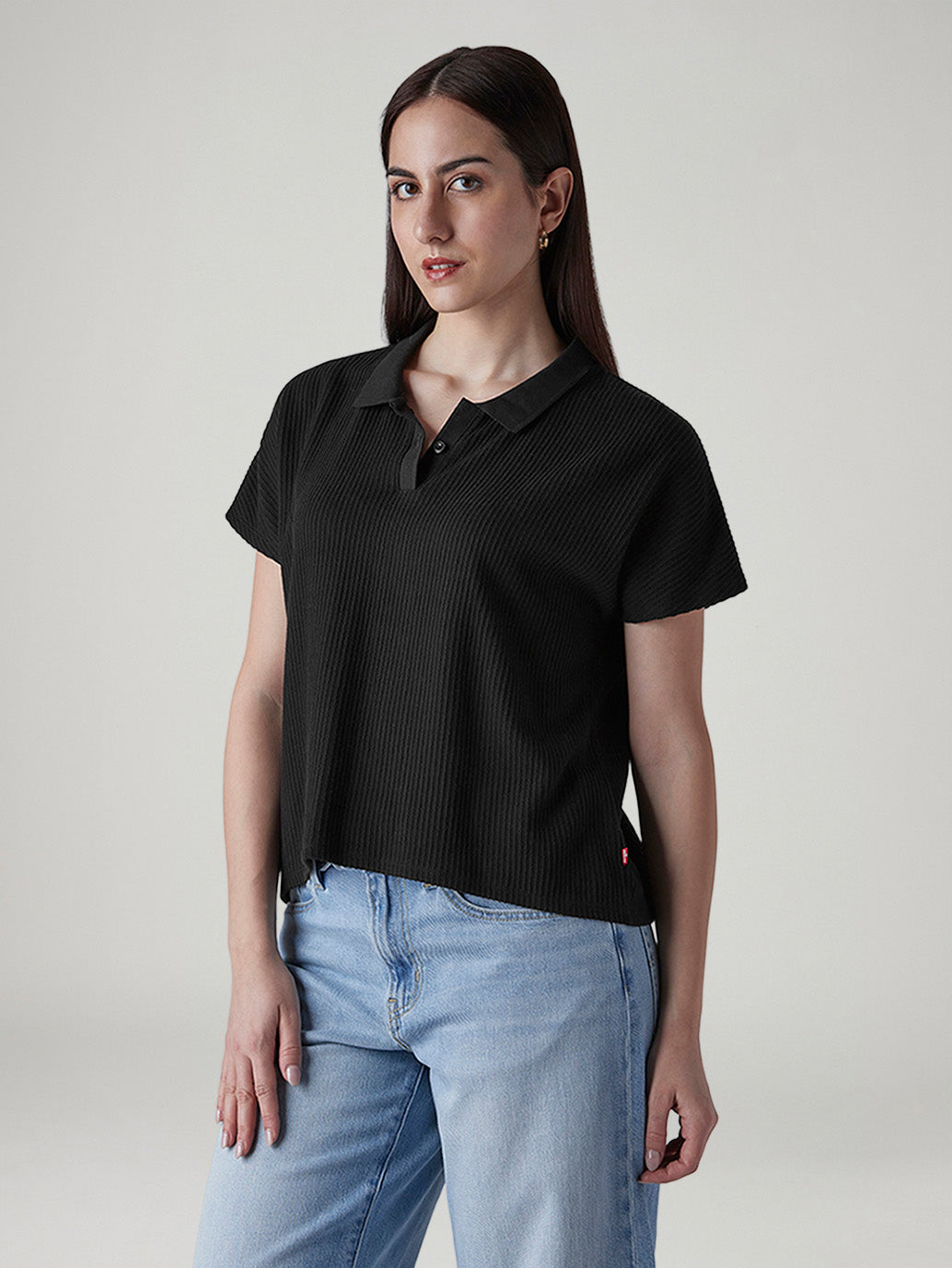 Women's Textured Black Relaxed Fit Polo T-shirt - Side View