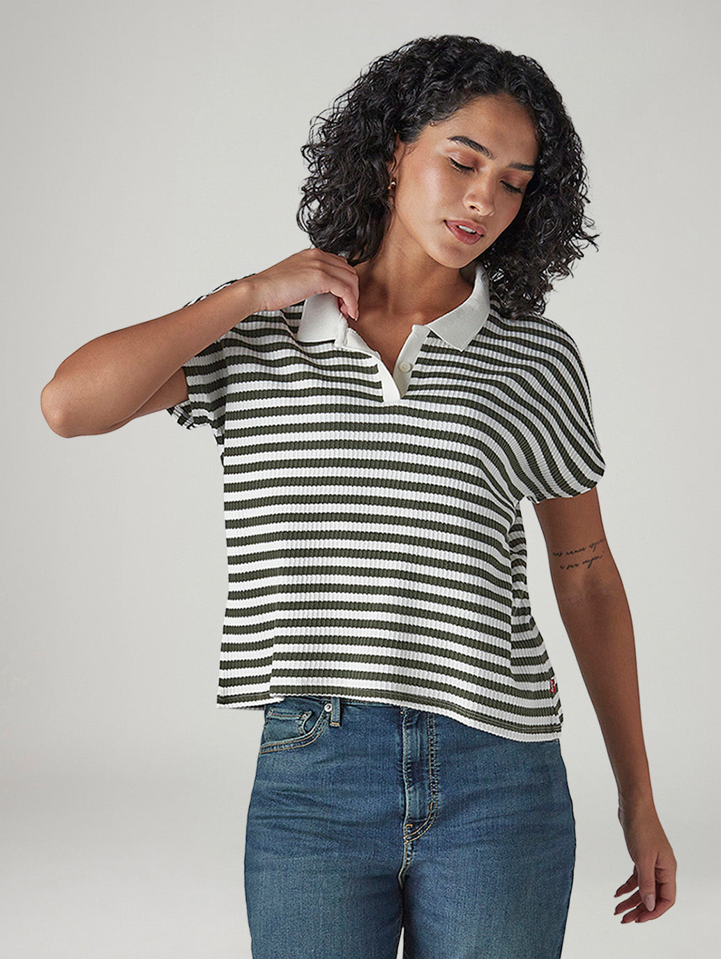 Women's Striped White Relaxed Fit Polo T-shirt