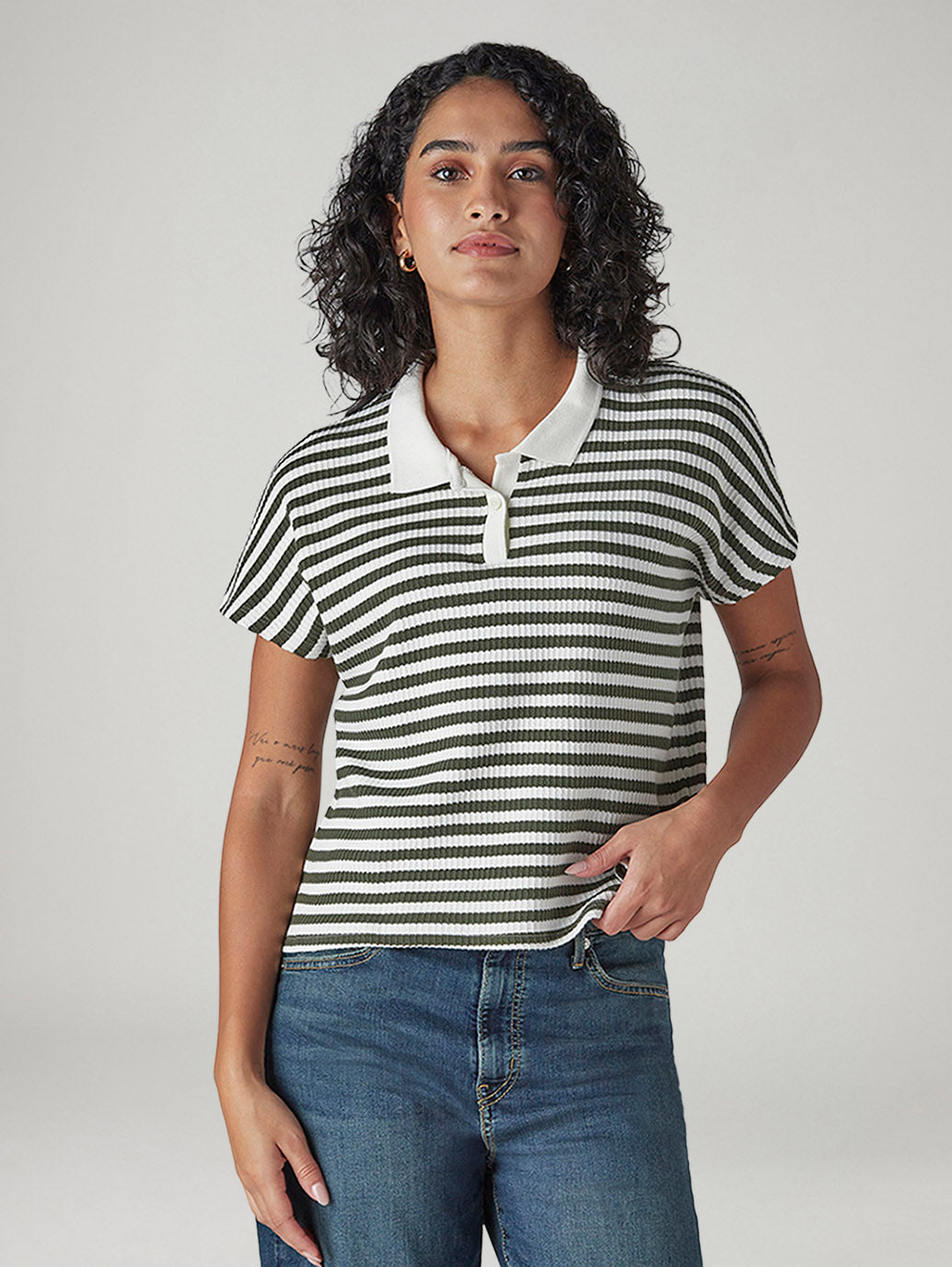 Women's Striped White Relaxed Fit Polo T-shirt - Front View
