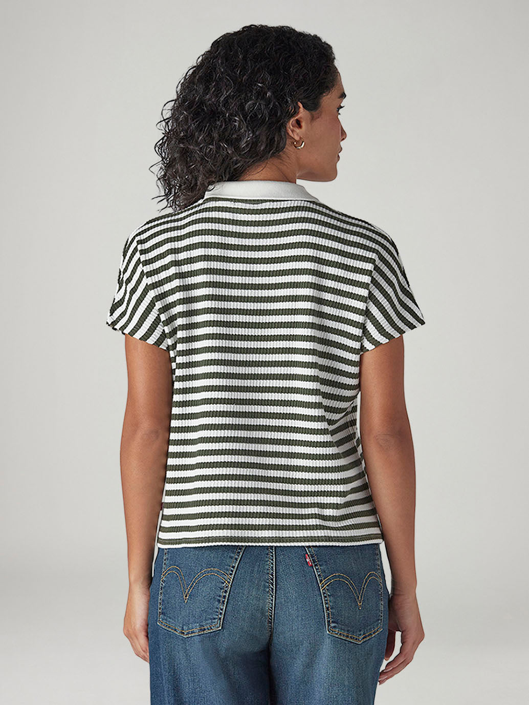 Women's Striped White Relaxed Fit Polo T-shirt - Back View