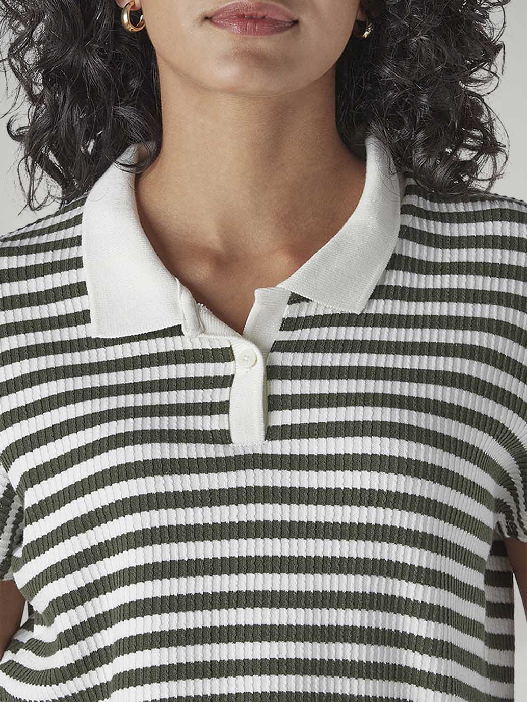 Women's Striped White Relaxed Fit Polo T-shirt - Detail View