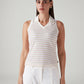 Women's Striped Off White Polo Collar Top - Front View