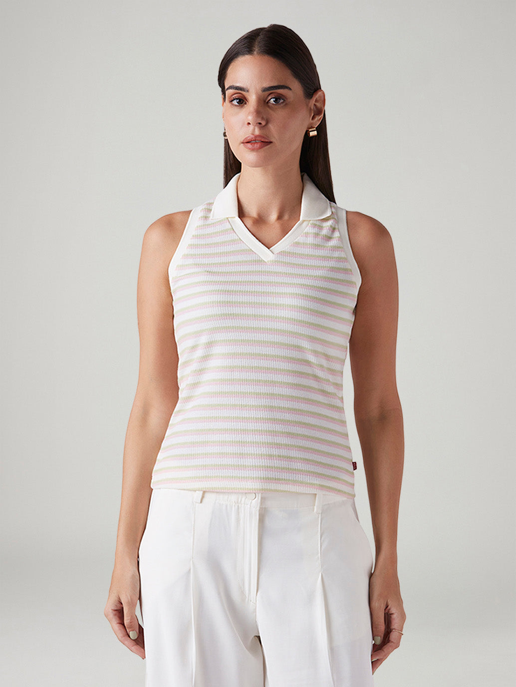 Women's Striped Off White Polo Collar Top - Front View
