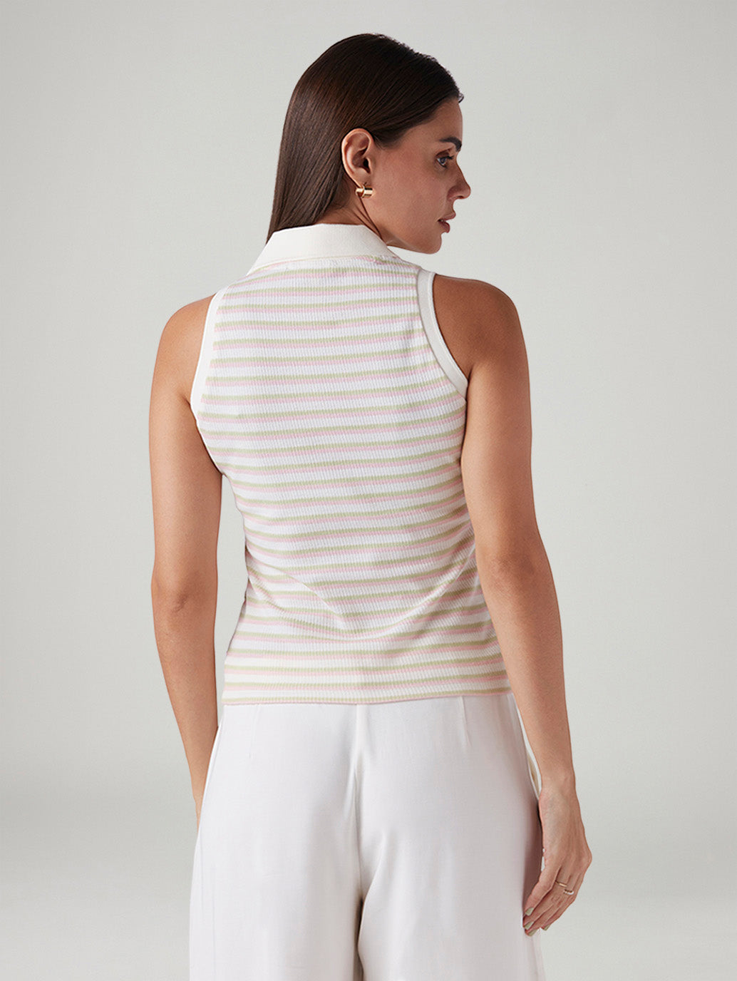 Women's Striped Off White Polo Collar Top - Back View
