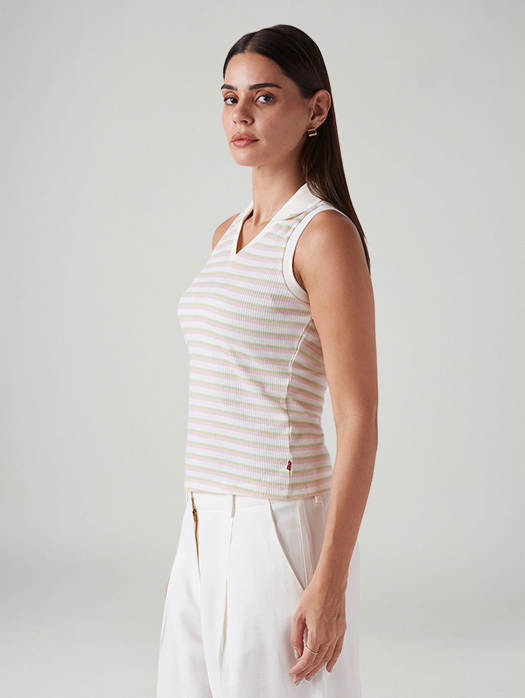 Women's Striped Off White Polo Collar Top - Side View