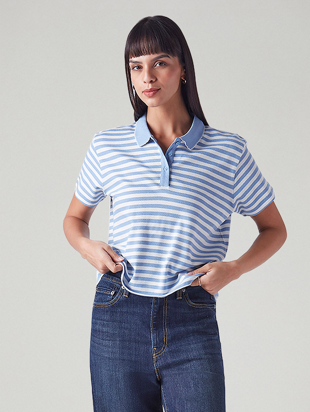 Women's Embroidered Striped Light Blue Polo T-shirt