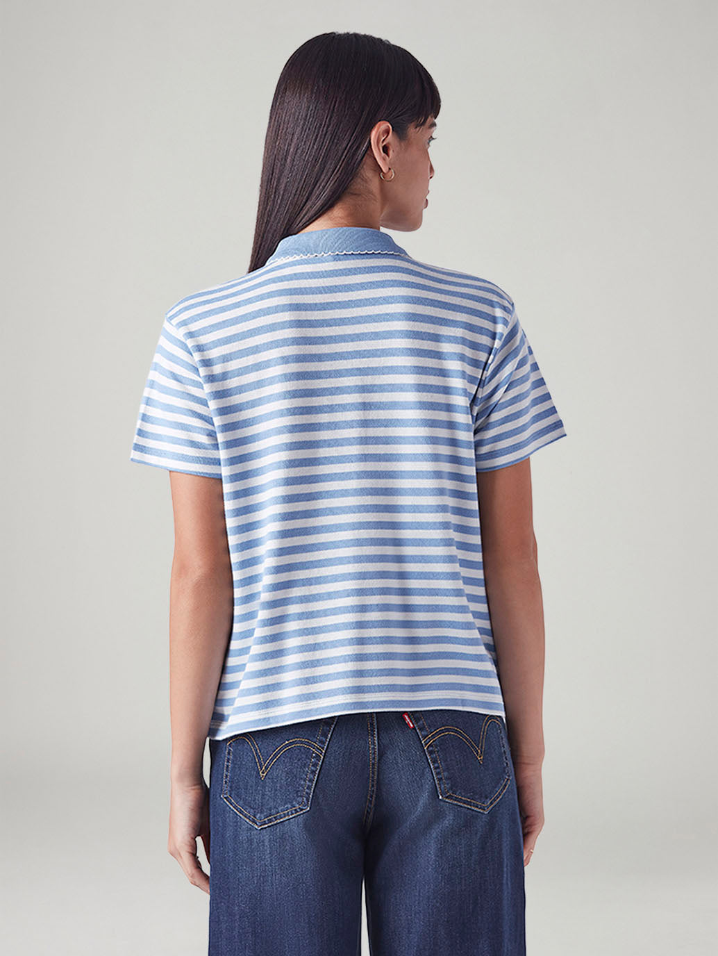 Women's Embroidered Striped Light Blue Polo T-shirt - Back View