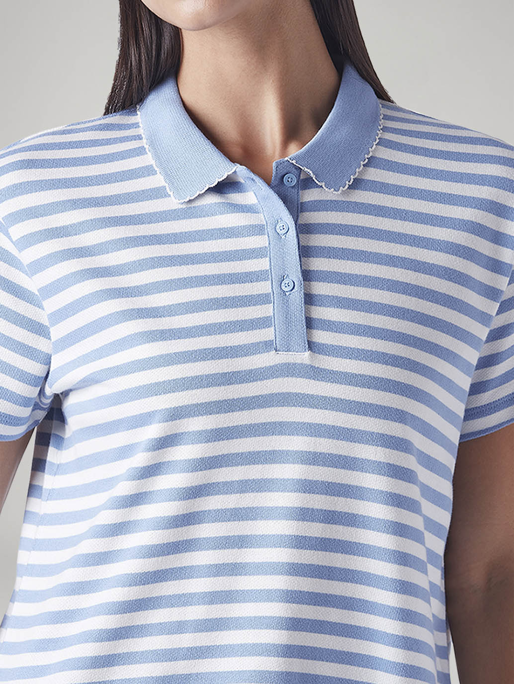 Women's Embroidered Striped Light Blue Polo T-shirt - Detail View