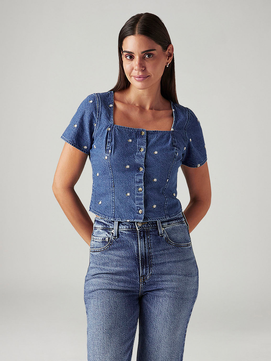 Women's Embroidered Blue Square Neck Top - Styleshot View