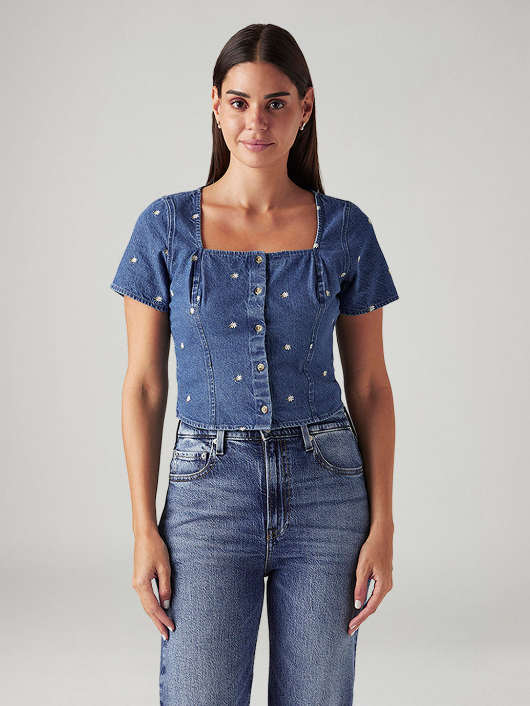 Women's Embroidered Blue Square Neck Top - Front View