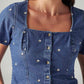 Women's Embroidered Blue Square Neck Top - Detail View