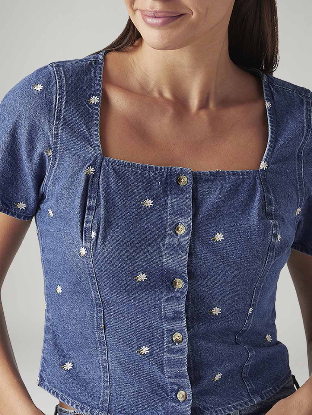 Women's Embroidered Blue Square Neck Top - Detail View