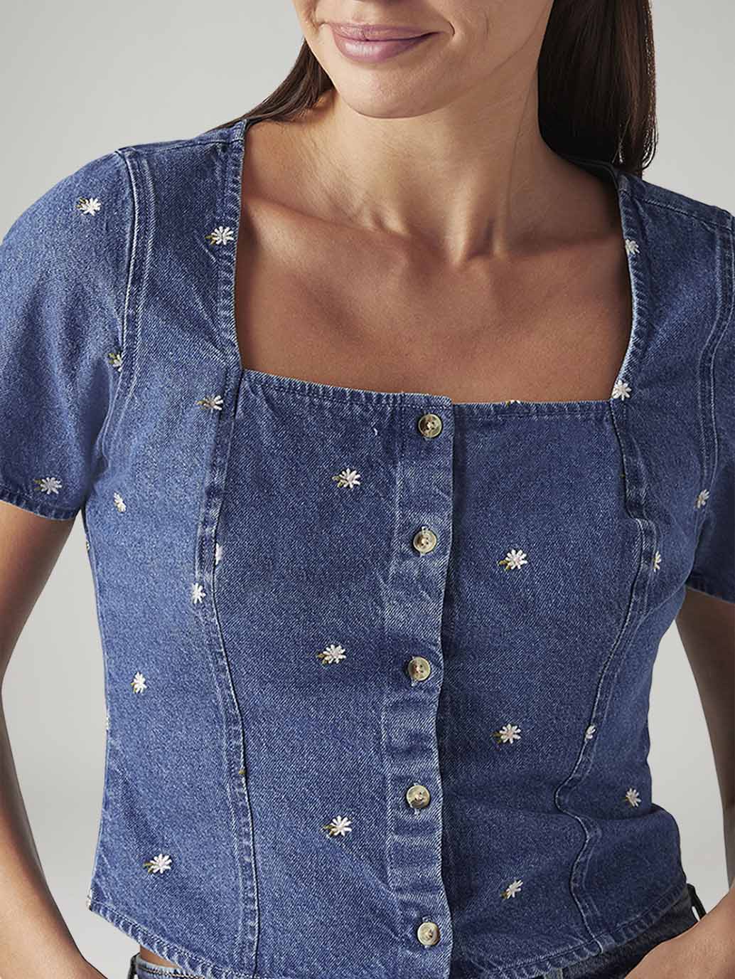 Women's Embroidered Blue Square Neck Top - 2929f570-5695-41c3-8195-dd4cafeca6b2 View