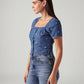Women's Embroidered Blue Square Neck Top - Side View
