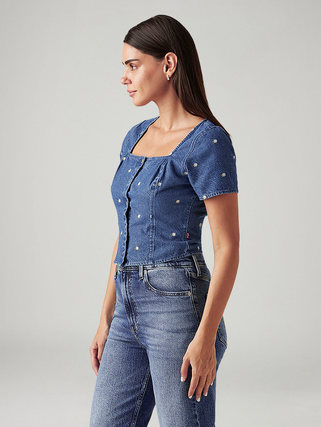 Women's Embroidered Blue Square Neck Top - Side View