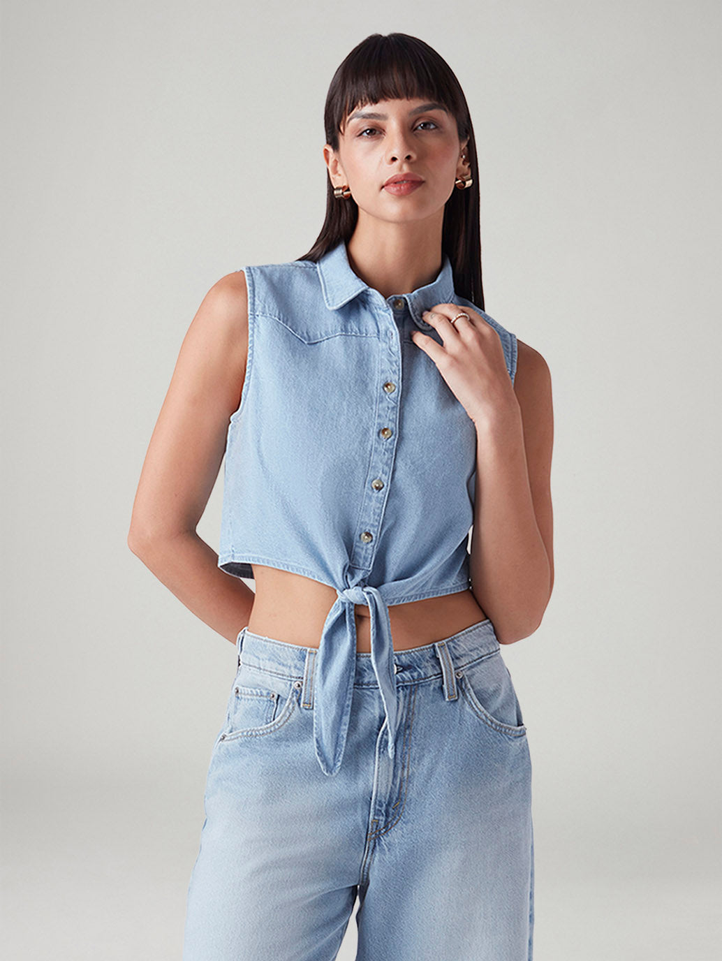 Women's Solid Regular Fit Denim Top - Styleshot View