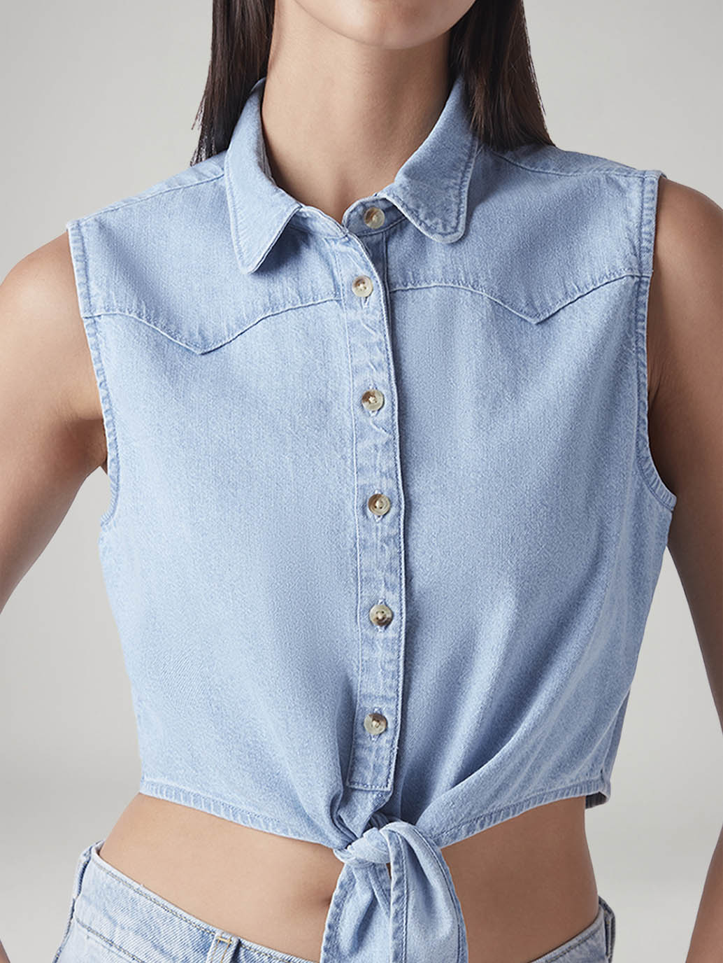 Women's Solid Regular Fit Denim Top - Detail View