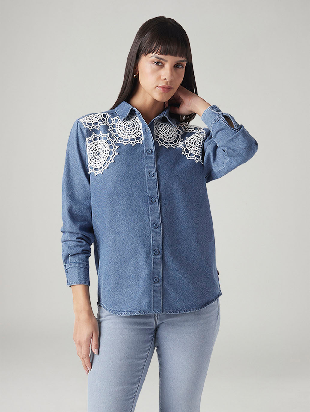 Women's Crochet Relaxed Fit Denim Shirt