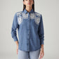 Women's Crochet Relaxed Fit Denim Shirt - Front View