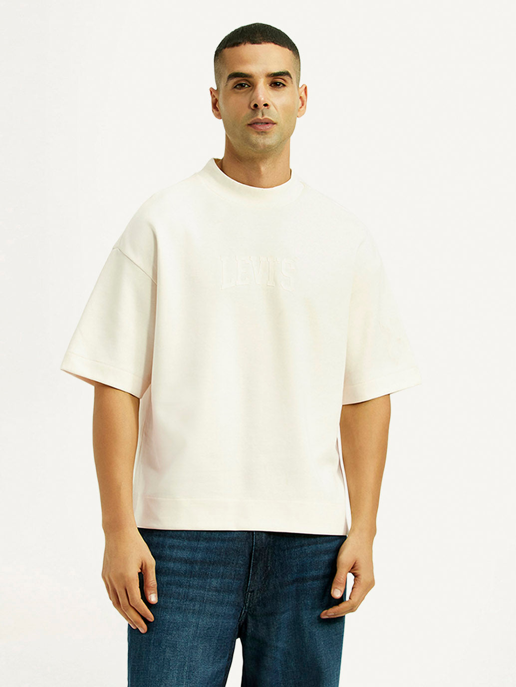 Men's Brand Logo Off White Boxy T-shirt - Front View
