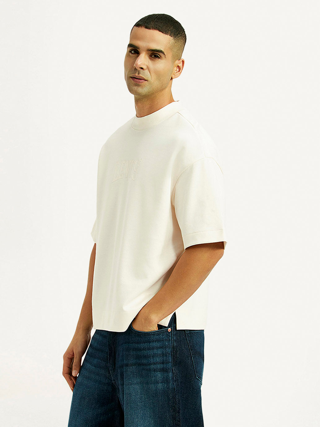Men's Brand Logo Off White Boxy T-shirt - Side View