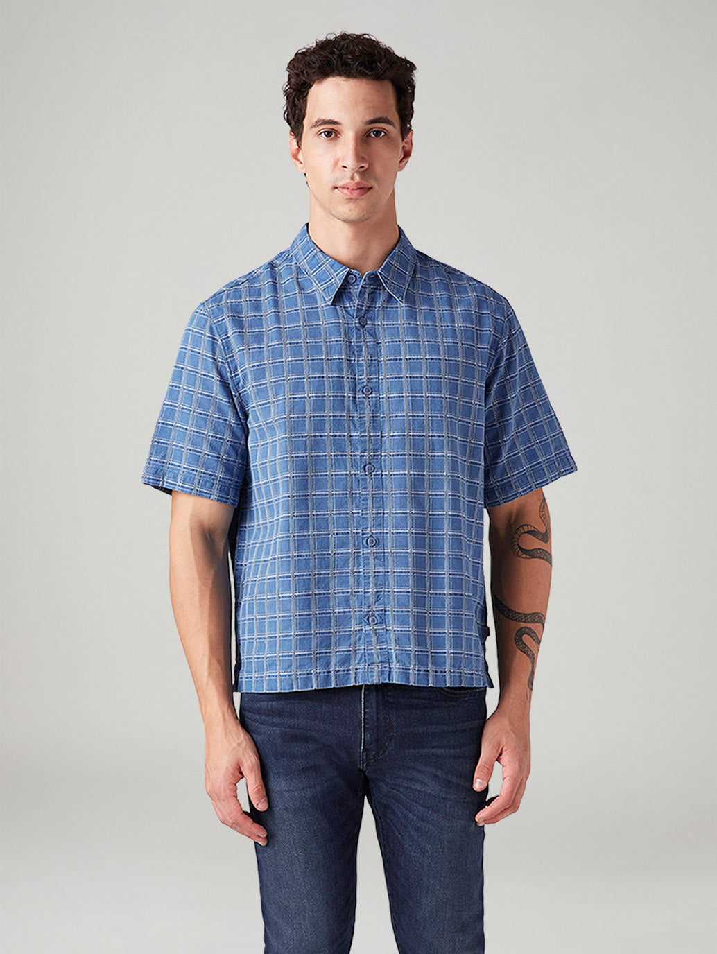 Men's Checkered Boxy Fit Shirt - Front View