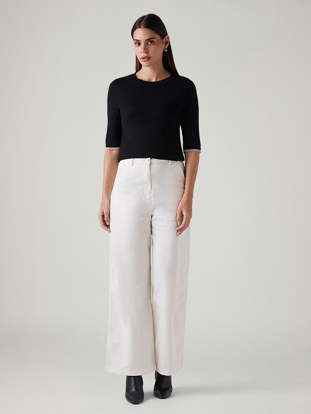 Women's White Loose Fit High Rise Trousers - Front View