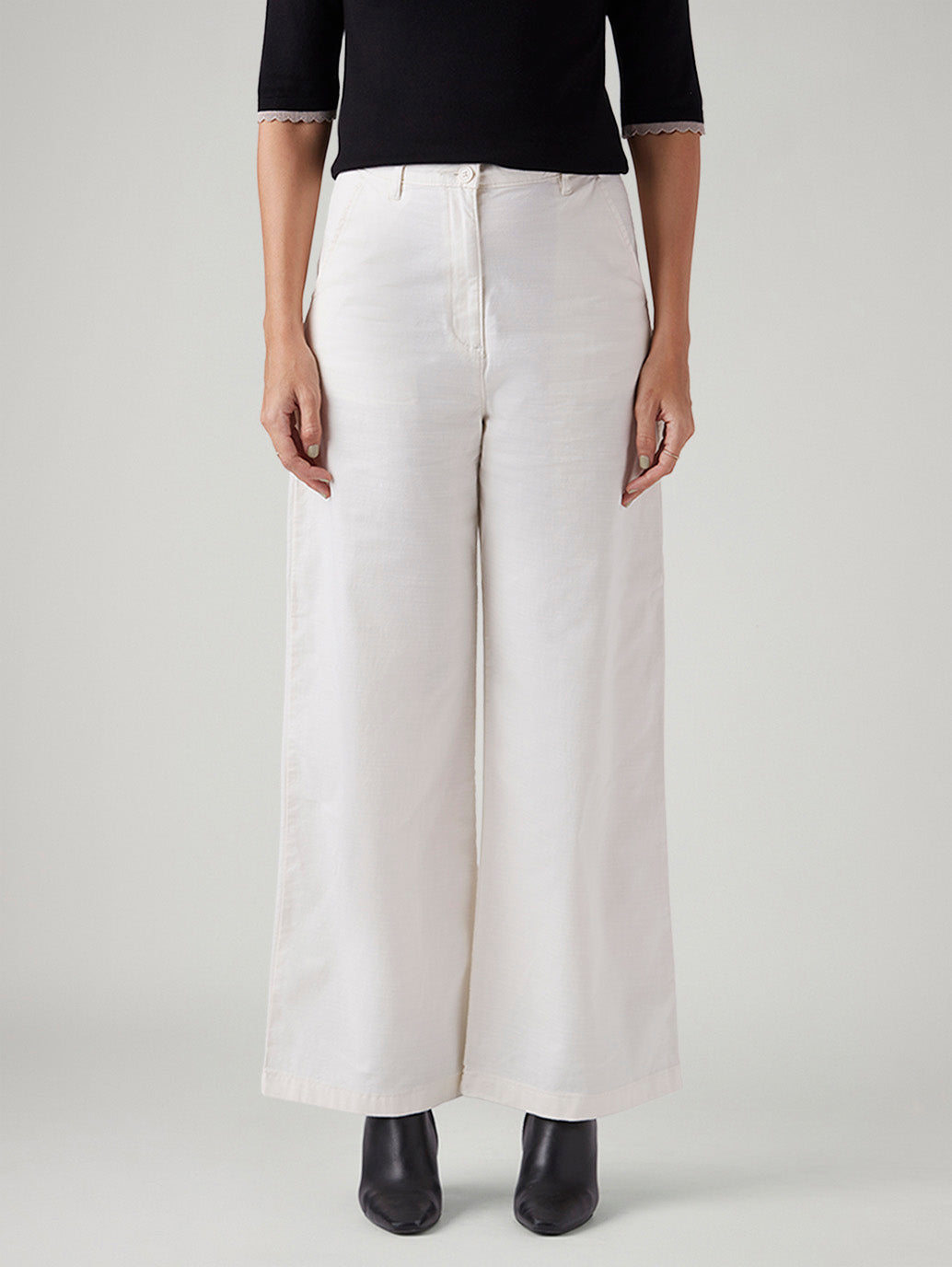 Women's White Loose Fit High Rise Trousers - Front View