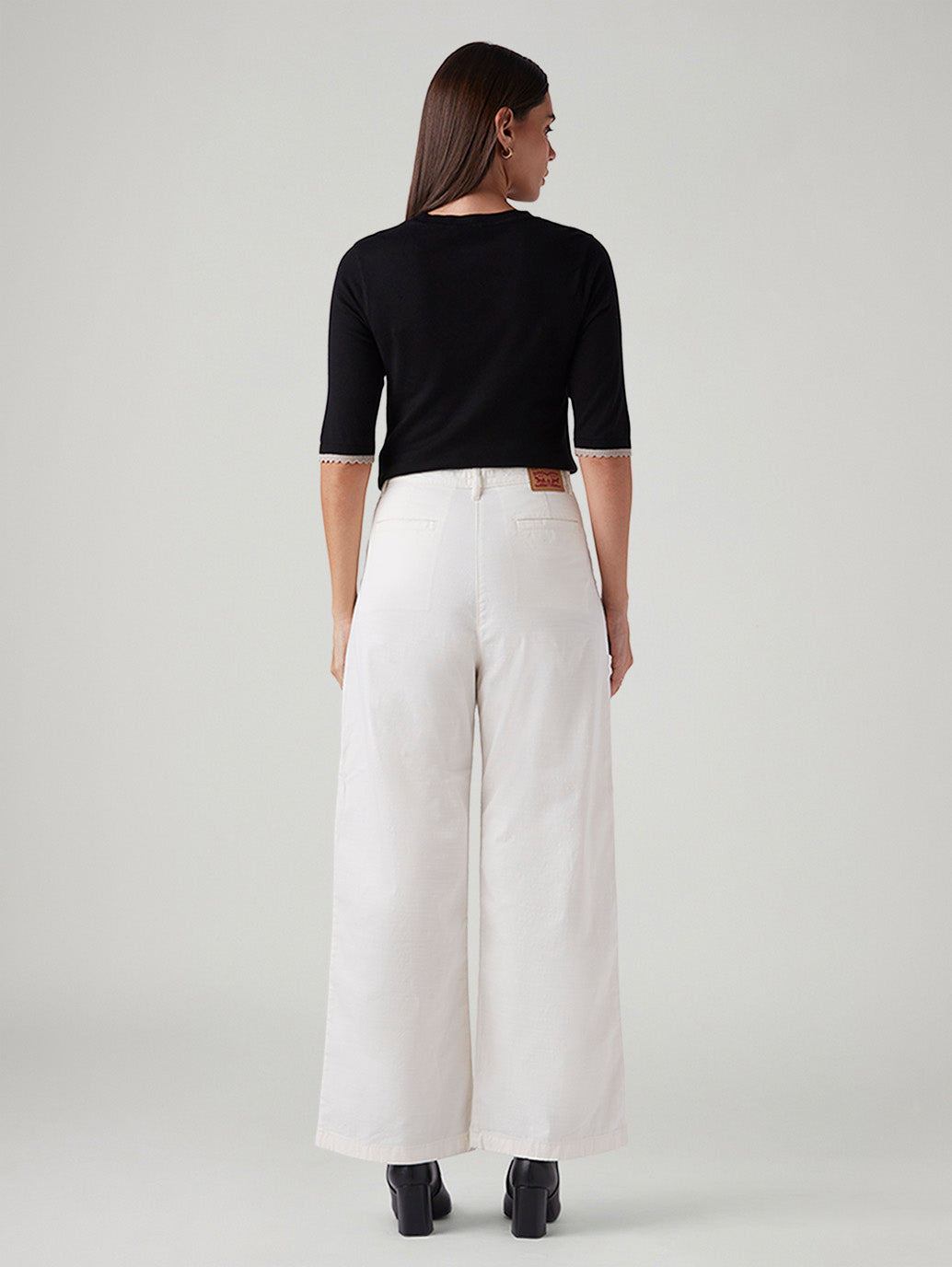 Women's White Loose Fit High Rise Trousers - Back View