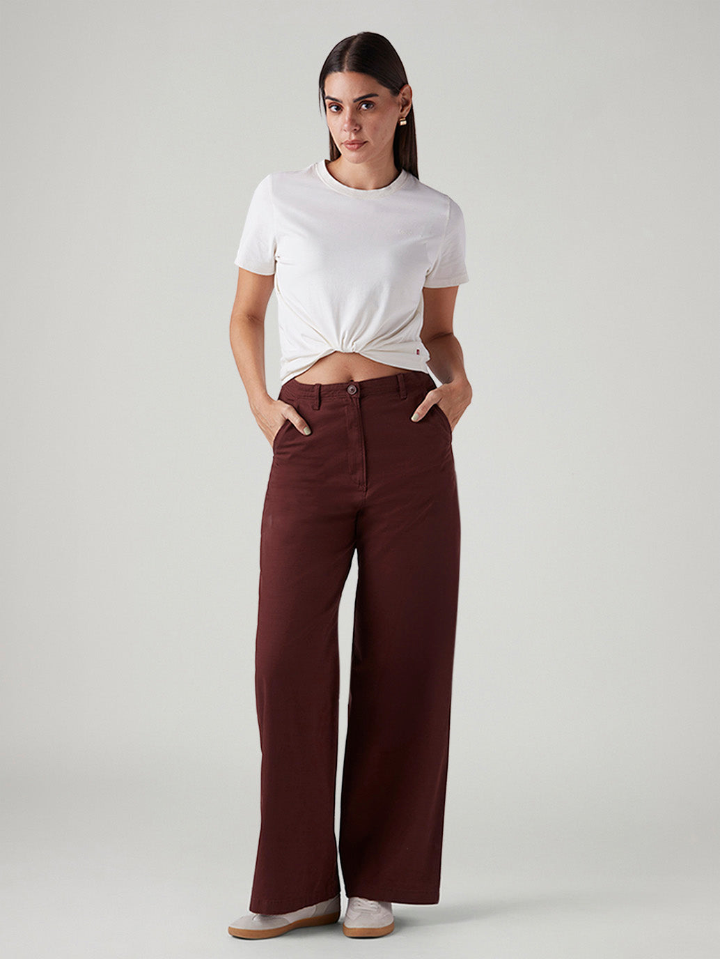 Women's Maroon Loose Fit High Rise Trousers - Styleshot View
