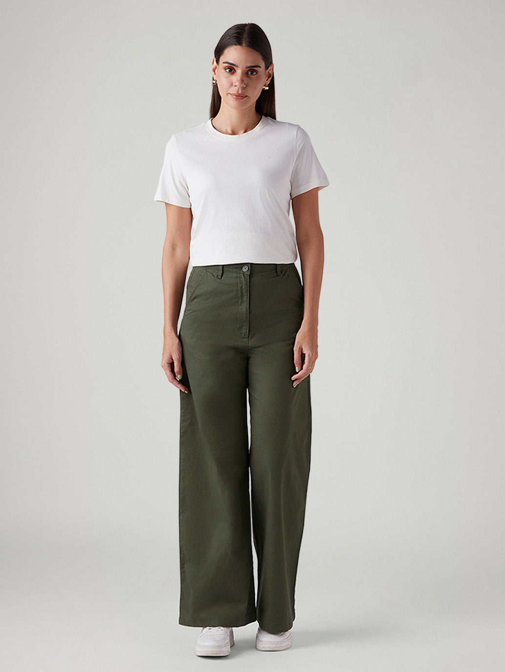 Women's Olive Loose Fit High Rise Trousers - Front View