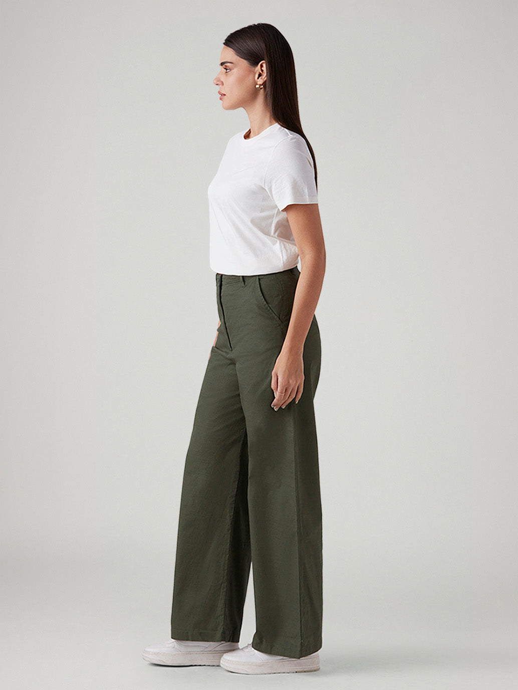 Women's Olive Loose Fit High Rise Trousers - Side View
