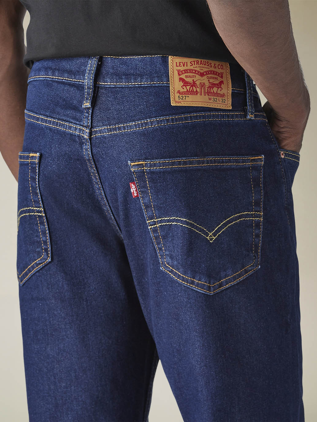 Mens 527 Mid Rise Bootcut Fit Cotton Stretch Blend Jeans - Detail View