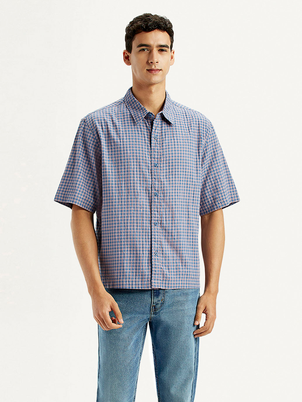 Men's Checkered Blue Boxy Shirt - Front View