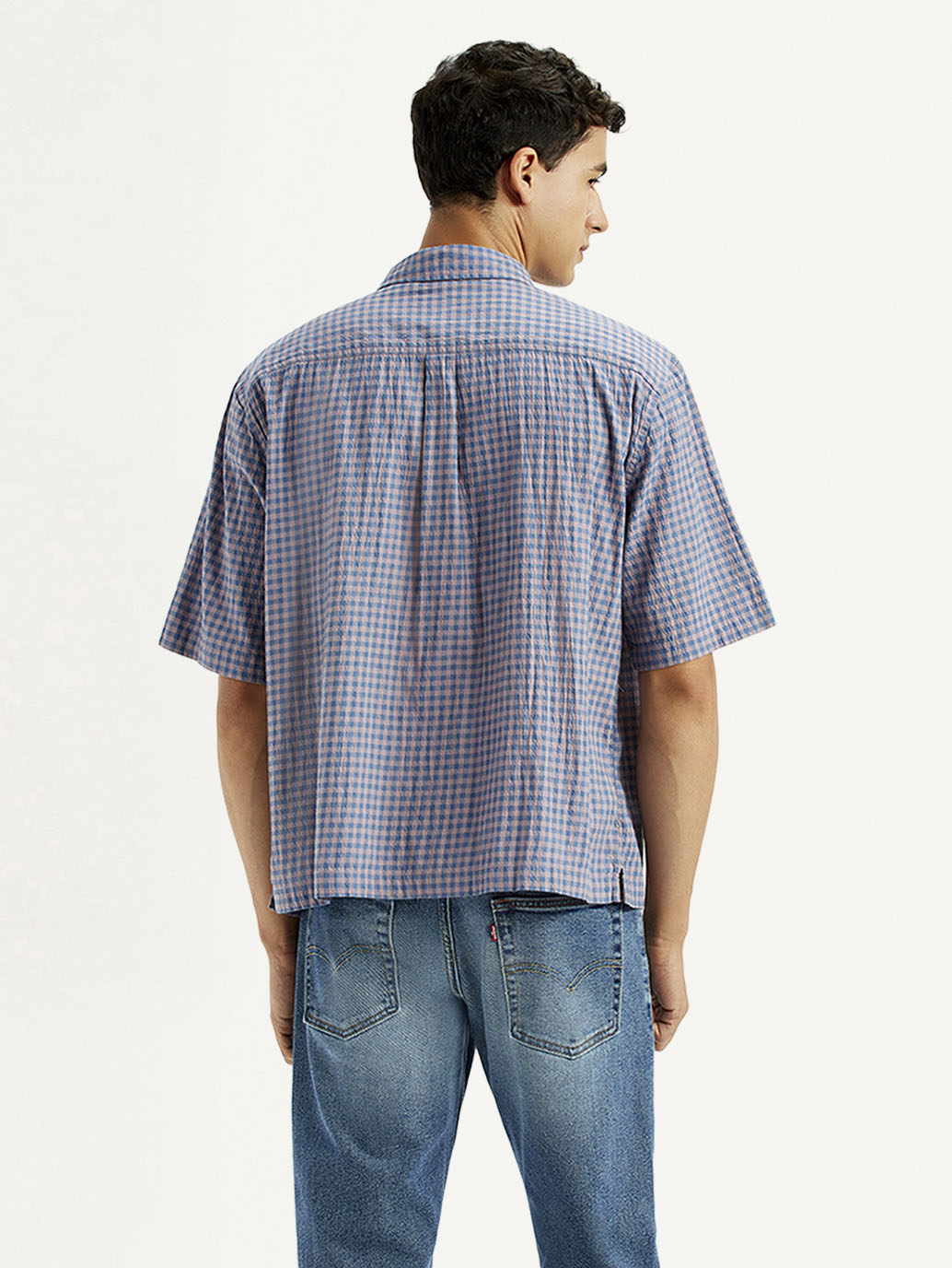 Men's Checkered Blue Boxy Shirt - Back View