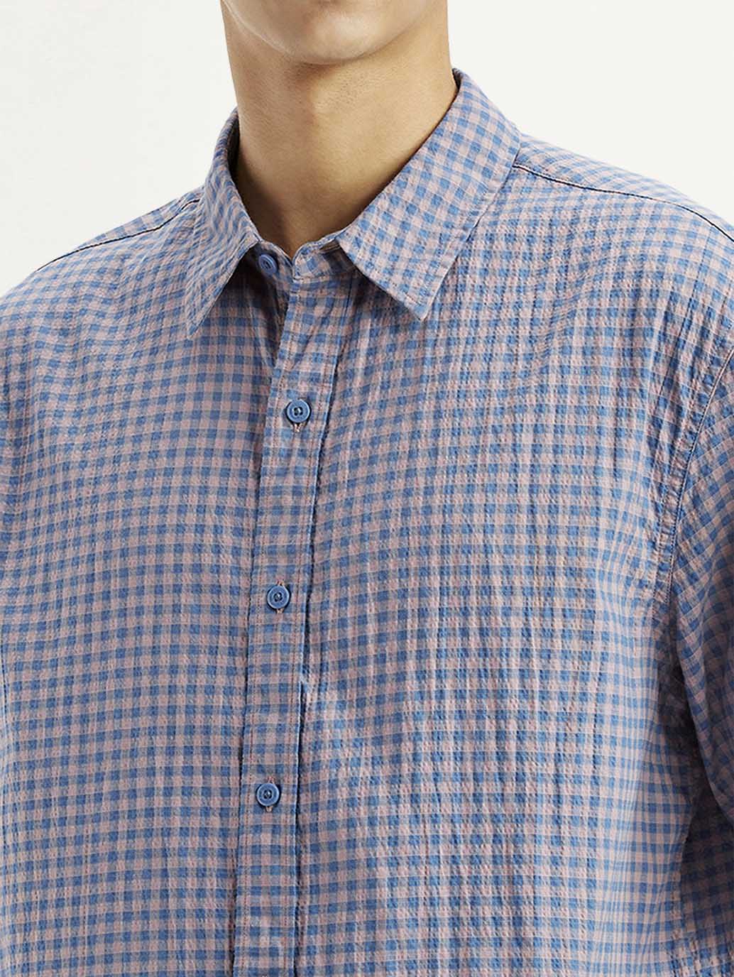 Men's Checkered Blue Boxy Shirt - Detail View