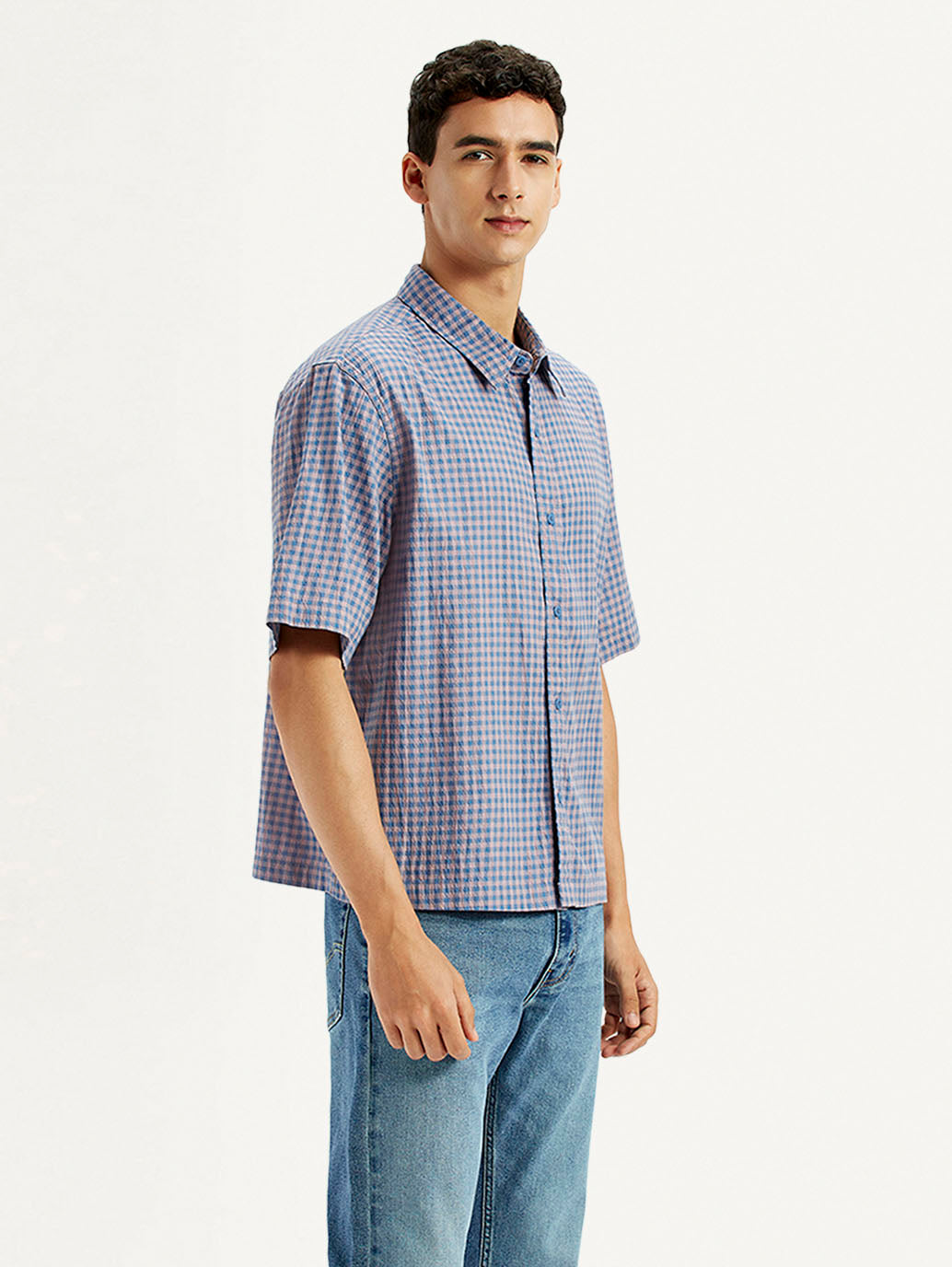 Men's Checkered Blue Boxy Shirt - Side View