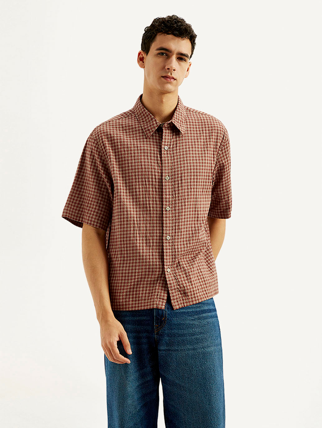 Men's Gingham Print Loose Fit Shirt - Front View