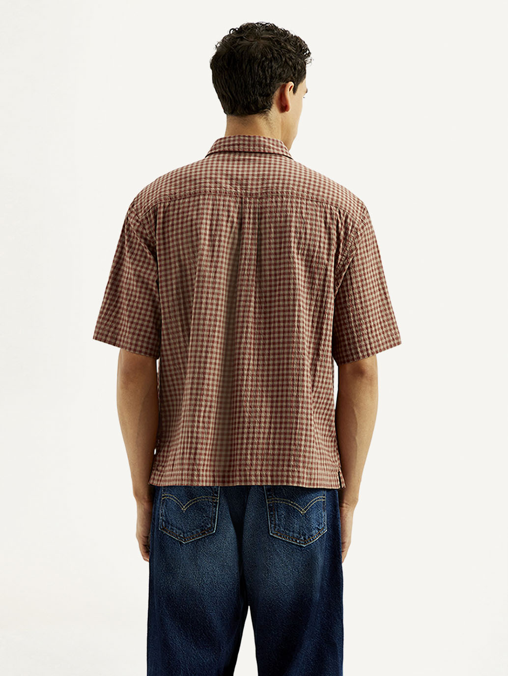 Men's Gingham Print Boxy Fit Shirt - Back View